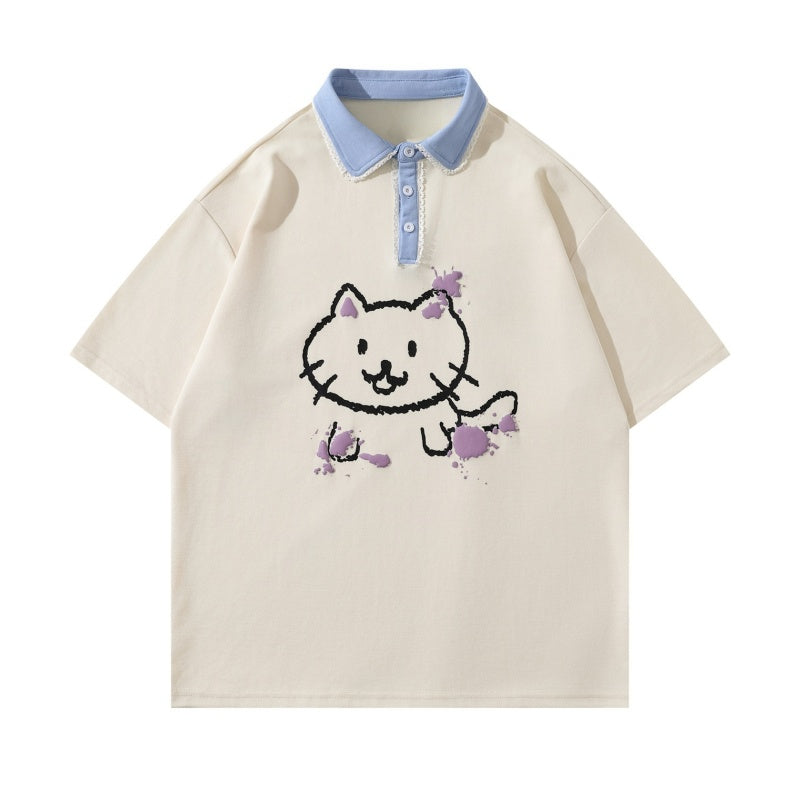 Street-Style Contrast Cat Polo T-Shirt