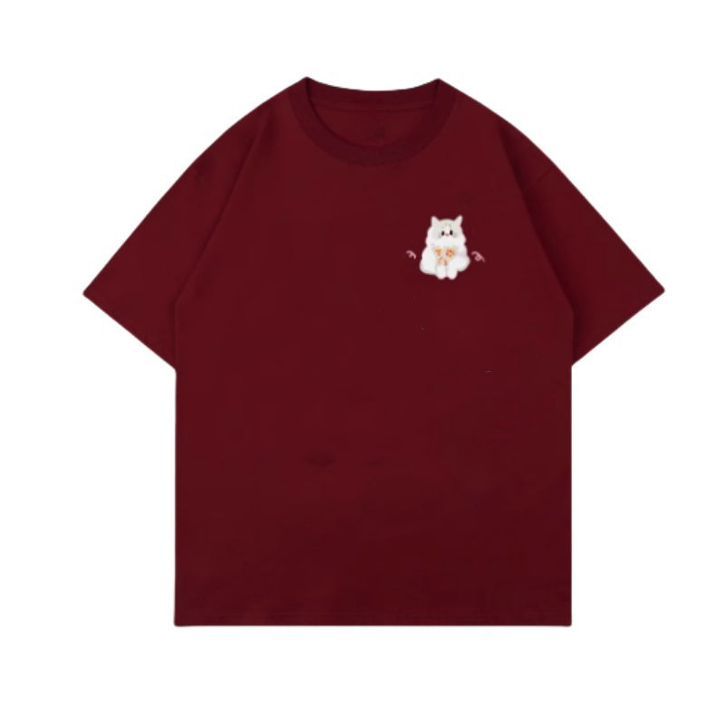 Whimsical Cat Design Burgundy T-Shirt